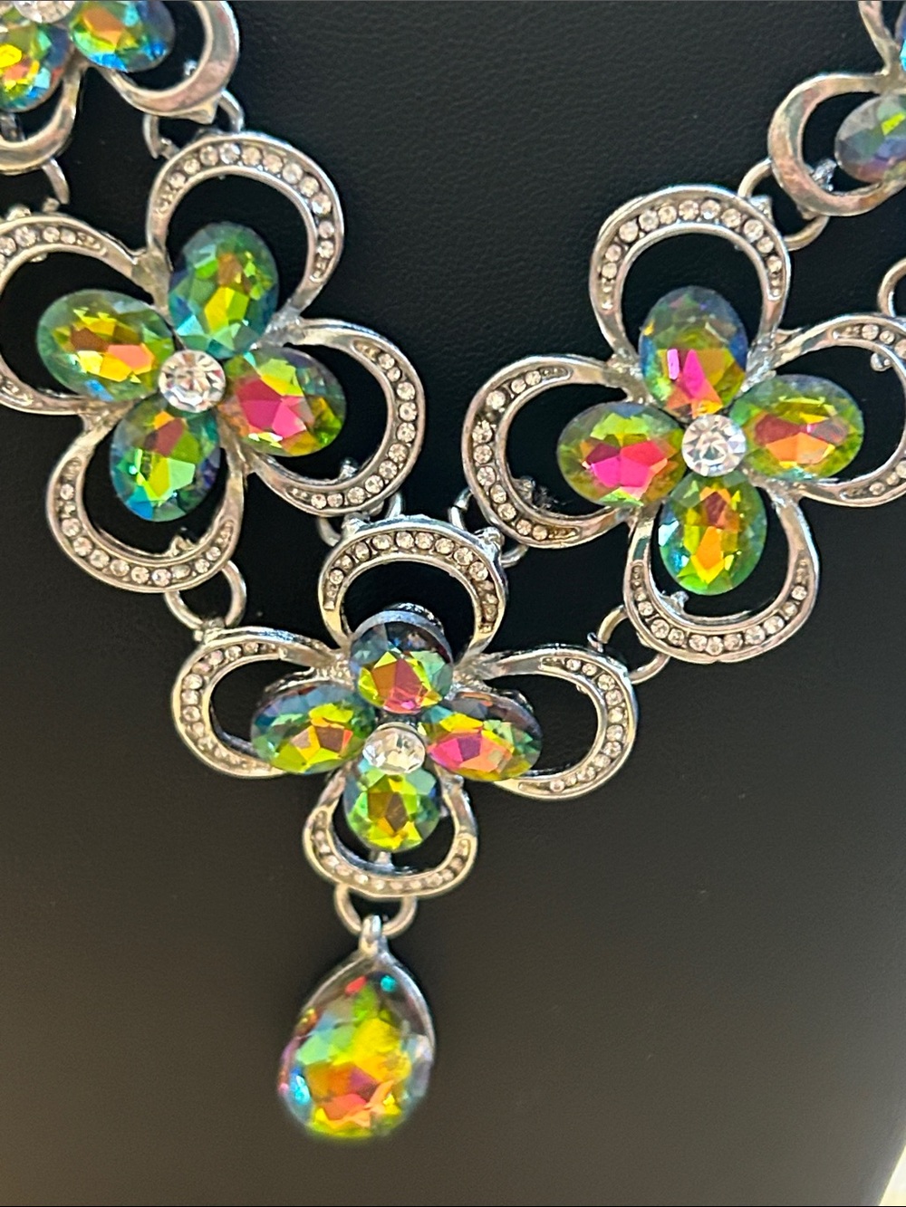 Multicolor Iridescent Glass Flower Statement Necklace - Picture 5 of 8
